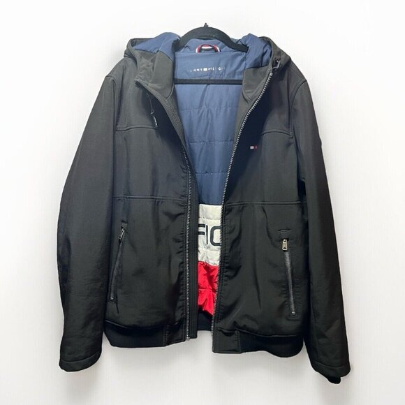 Tommy Hilfiger Jacket‎ Mens Large Black Hooded Logo Winter Coat Zip Up - Picture 1 of 12
